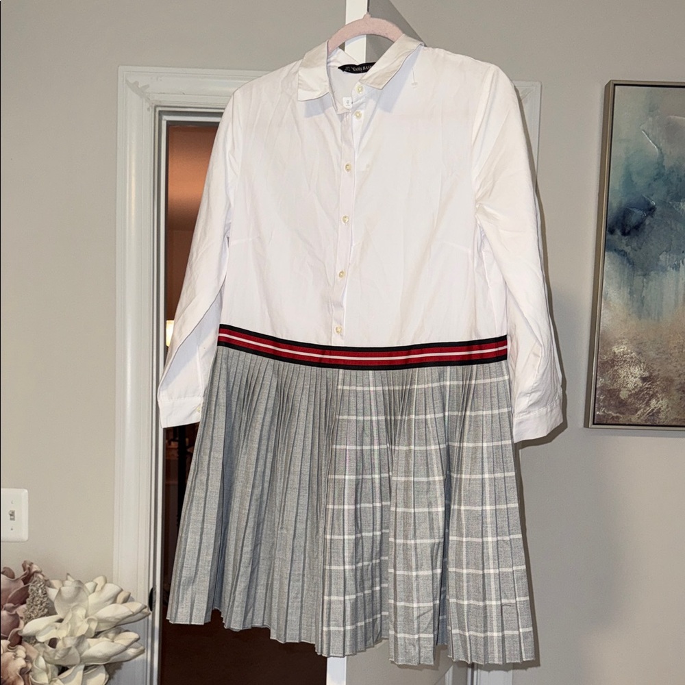 Zara White and Gray Plaid Dress with Red Accent